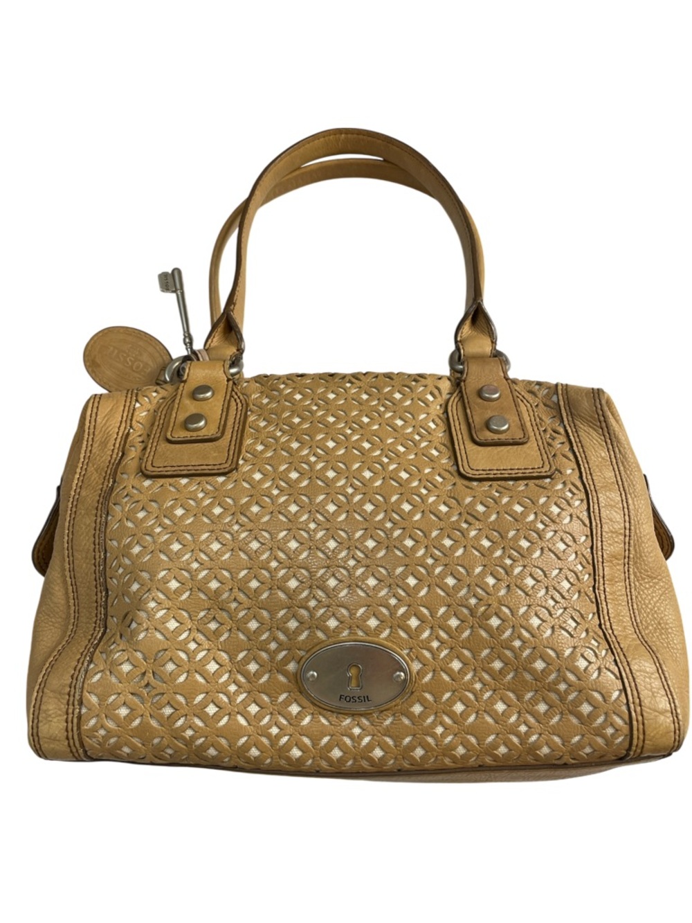 Fossil Tan Leather Perforated Satchel Bag